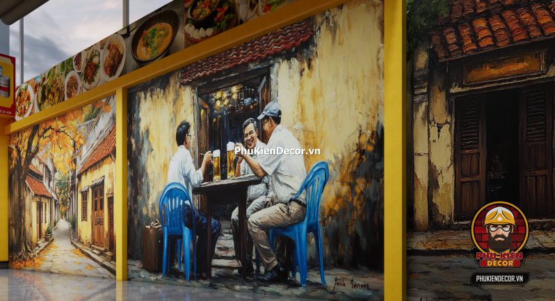 Tranh dán tường 3D quán bia hơi Hà Nội Tranh Quán Bia Hơi Hà Nội gắn trên nền tường gạch giả cổ, thể hiện cảnh bàn nhậu thời bao cấp với chai bia và ly thủy tinh.