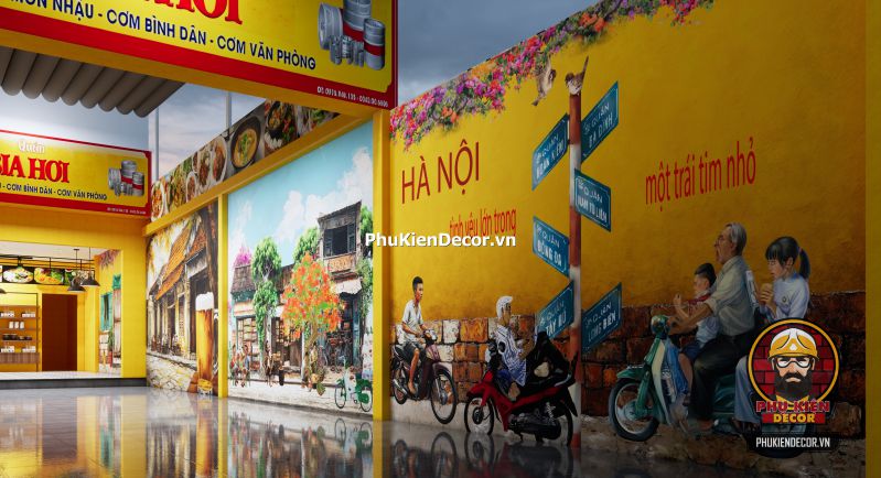 Tranh dán tường bia hơi phong cách Hà Nội Tranh Quán Bia Hơi Hà Nội gắn trên nền tường gạch giả cổ, thể hiện cảnh bàn nhậu thời bao cấp với chai bia và ly thủy tinh.