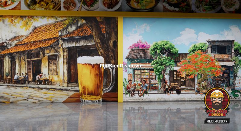 Tranh dán tường bia hơi phong cách Hà Nội Tranh Quán Bia Hơi Hà Nội gắn trên nền tường gạch giả cổ, thể hiện cảnh bàn nhậu thời bao cấp với chai bia và ly thủy tinh.