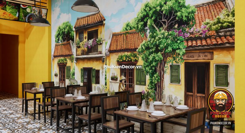 Tranh dán tường quán bún đậu mắm tôm phong cách Hà Nội Tranh Quán Bún Đậu Mắm Tôm tái hiện khung cảnh gánh hàng rong và quán nhỏ đầu ngõ với bàn ghế thấp và mẹt đựng bún.