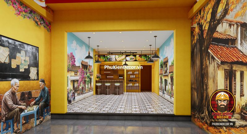 Tranh dán tường quán bún đậu mắm tôm phong cách Hà Nội Tranh Quán Bún Đậu Mắm Tôm tái hiện khung cảnh gánh hàng rong và quán nhỏ đầu ngõ với bàn ghế thấp và mẹt đựng bún.