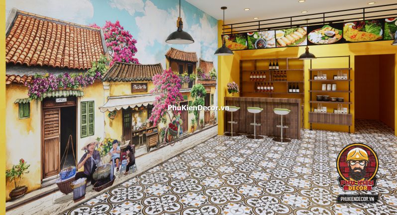 Tranh dán tường quán bún đậu mắm tôm phong cách Hà Nội Tranh Quán Bún Đậu Mắm Tôm tái hiện khung cảnh gánh hàng rong và quán nhỏ đầu ngõ với bàn ghế thấp và mẹt đựng bún.