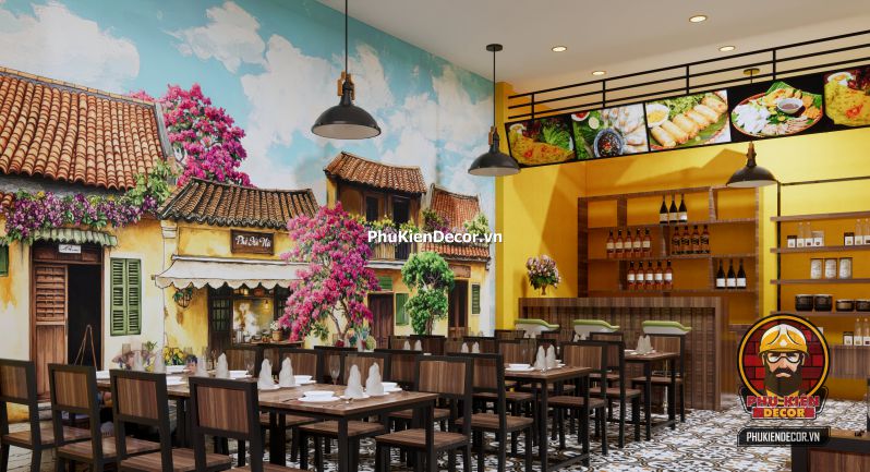 Tranh dán tường quán bún đậu mắm tôm phong cách Hà Nội Tranh Quán Bún Đậu Mắm Tôm tái hiện khung cảnh gánh hàng rong và quán nhỏ đầu ngõ với bàn ghế thấp và mẹt đựng bún.