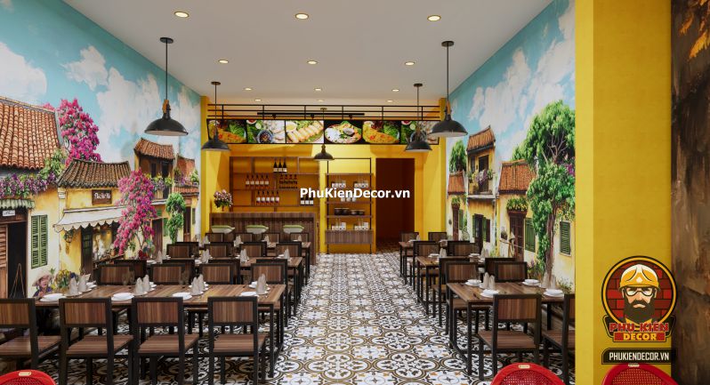 Tranh dán tường bún đậu mắm tôm phong cách Hà Nội Tranh Quán Bún Đậu Mắm Tôm tái hiện khung cảnh gánh hàng rong và quán nhỏ đầu ngõ với bàn ghế thấp và mẹt đựng bún.