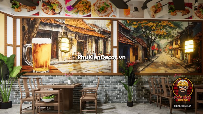 Tranh dán tường cho không gian quán phong cách Hà Nội Hình ảnh tranh decor cho quán nhậu Hà Nội xưa, phong cách bụi phủi với ánh đèn vàng và hình ảnh thực khách vui vẻ.