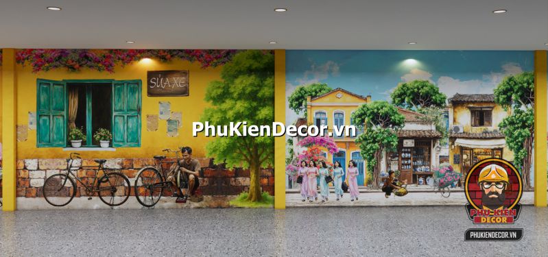 Tổng hợp mẫu tranh dán tường chủ đề Hà Nội Tranh dán tường Đường Phố Hà Nội buổi bình minh, xe đạp trên vỉa hè rợp bóng cây, không gian yên bình mang tính thiền.