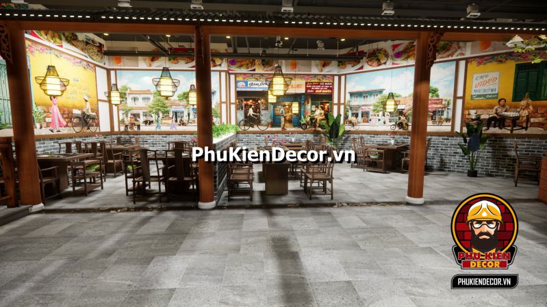 Tranh dán tường Sài Gòn xưa cũ Tranh tái hiện cảnh Sài Gòn mùa mưa với xe đạp, áo mưa nilon và mái hiên cũ.