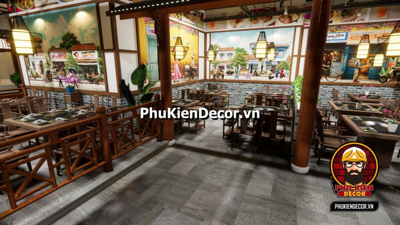 Tranh dán tường Sài Gòn retro Tranh tái hiện cảnh Sài Gòn mùa mưa với xe đạp, áo mưa nilon và mái hiên cũ.