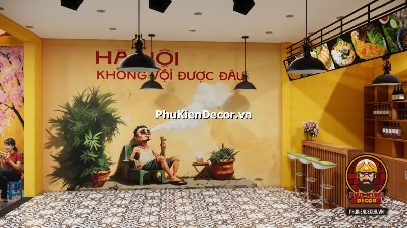Tranh dán tường decor quán Hà Nội Tranh dán tường khổ lớn thể hiện hình ảnh xe xích lô, hàng cây và nhà cổ Hà Nội, làm điểm nhấn cho không gian quán.