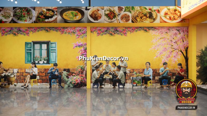 Tranh dán tường decor quán Hà Nội Tranh dán tường khổ lớn thể hiện hình ảnh xe xích lô, hàng cây và nhà cổ Hà Nội, làm điểm nhấn cho không gian quán.