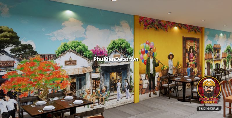 Tranh dán tường về Hà Nội cũ Tranh dán tường Đường Phố Hà Nội buổi bình minh, xe đạp trên vỉa hè rợp bóng cây, không gian yên bình mang tính thiền.