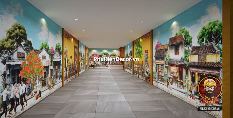 Tranh dán tường về Hà Nội cũ Tranh dán tường Đường Phố Hà Nội buổi bình minh, xe đạp trên vỉa hè rợp bóng cây, không gian yên bình mang tính thiền.