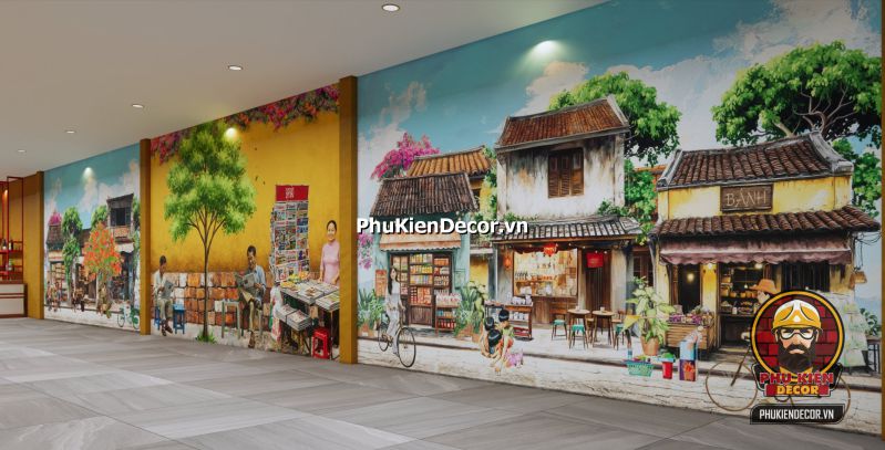 Tranh dán tường về Hà Nội cũ Tranh dán tường Đường Phố Hà Nội buổi bình minh, xe đạp trên vỉa hè rợp bóng cây, không gian yên bình mang tính thiền.