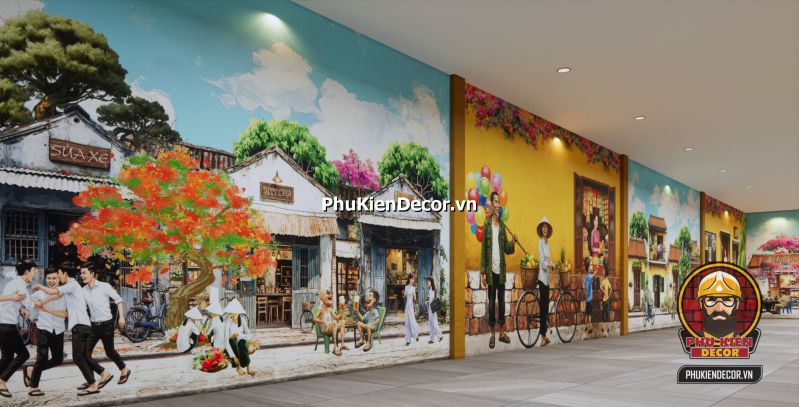 Tranh dán tường về Hà Nội cũ Tranh dán tường Đường Phố Hà Nội buổi bình minh, xe đạp trên vỉa hè rợp bóng cây, không gian yên bình mang tính thiền.