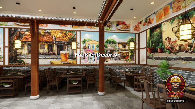 Tranh dán tường phong cách Hà Nội retro Tranh dán tường Phong cách Hà Nội retro vintage, mô phỏng không gian quán cà phê cổ kính với đèn vàng và bàn ghế gỗ.