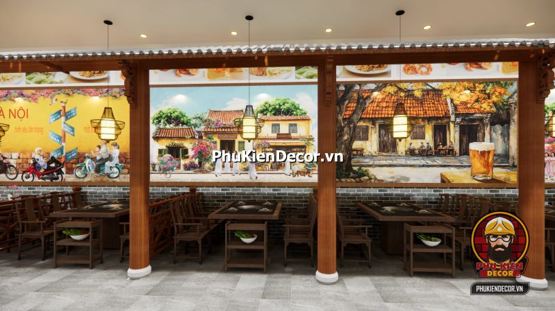 Tranh dán tường phong cách Hà Nội cổ điển Tranh dán tường Phong cách Hà Nội retro vintage, mô phỏng không gian quán cà phê cổ kính với đèn vàng và bàn ghế gỗ.