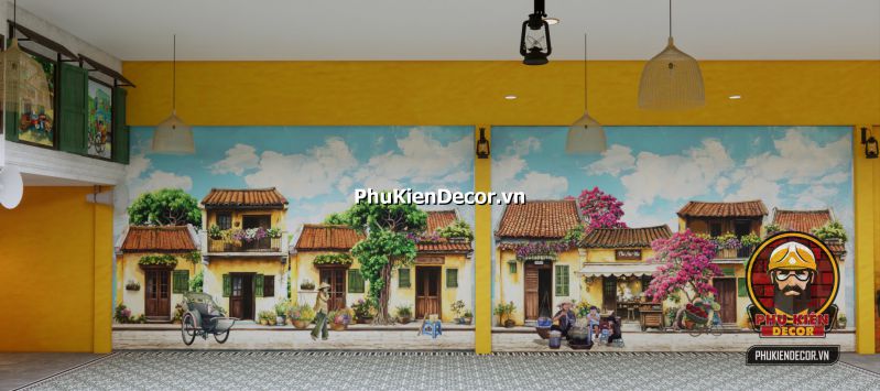 Tranh dán tường khung cảnh Hà Nội Tranh dán tường nhà tập thể Hà Nội cũ, ban công treo quần áo, cảnh sinh hoạt thường nhật của người dân thời bao cấp.