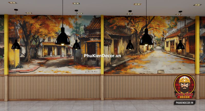 Tranh dán tường 3D làng quê yên bình Hà Nội Tranh dán tường làng quê Hà Nội với ao sen, cây đa, giếng nước và mái đình – phù hợp với quán cơm Bắc xưa hoặc nhà hàng đặc sản.