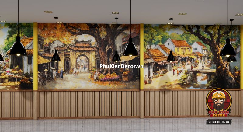 Tranh dán tường 3D làng quê yên bình Hà Nội Tranh dán tường làng quê Hà Nội với ao sen, cây đa, giếng nước và mái đình – phù hợp với quán cơm Bắc xưa hoặc nhà hàng đặc sản.