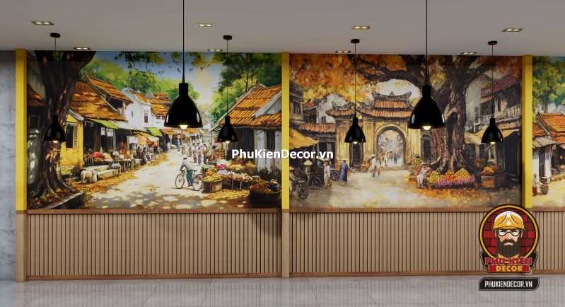 Tranh dán tường 3D làng quê yên bình Hà Nội Tranh dán tường làng quê Hà Nội với ao sen, cây đa, giếng nước và mái đình – phù hợp với quán cơm Bắc xưa hoặc nhà hàng đặc sản.