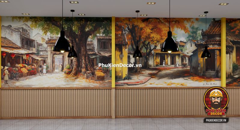 Tranh dán tường 3D làng quê yên bình Hà Nội Tranh dán tường làng quê Hà Nội với ao sen, cây đa, giếng nước và mái đình – phù hợp với quán cơm Bắc xưa hoặc nhà hàng đặc sản.