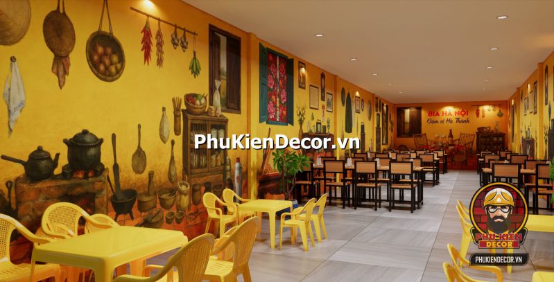 Tranh dán tường mang phong cách món ăn vị Bắc Tranh dán tường Hà Nội Phố xưa trầm lắng, tông màu nâu vàng, tạo cảm giác hoài niệm phù hợp với quán ăn đặc sản vùng miền Bắc.
