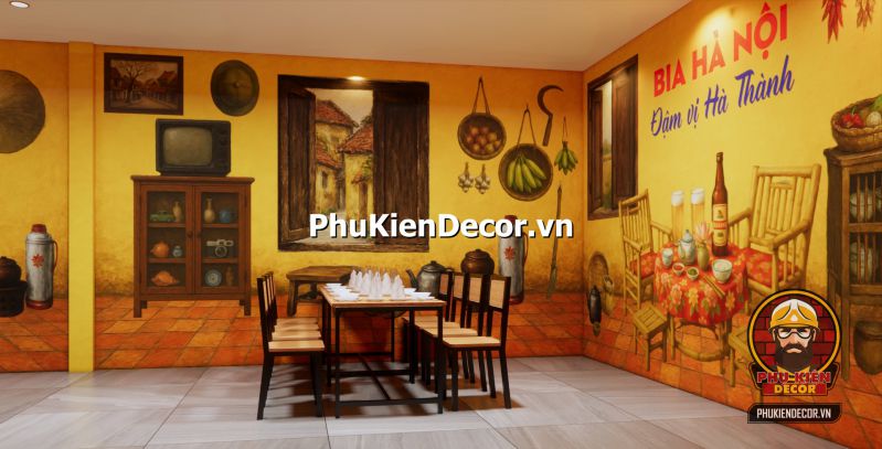 Tranh dán tường mang phong cách món ăn vị Bắc Tranh dán tường Hà Nội Phố xưa trầm lắng, tông màu nâu vàng, tạo cảm giác hoài niệm phù hợp với quán ăn đặc sản vùng miền Bắc.