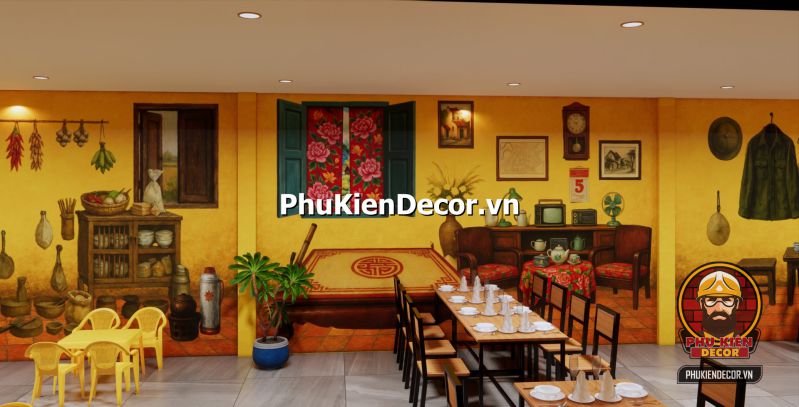 Tranh dán tường mang phong cách món ăn vị Bắc Tranh dán tường Hà Nội Phố xưa trầm lắng, tông màu nâu vàng, tạo cảm giác hoài niệm phù hợp với quán ăn đặc sản vùng miền Bắc.
