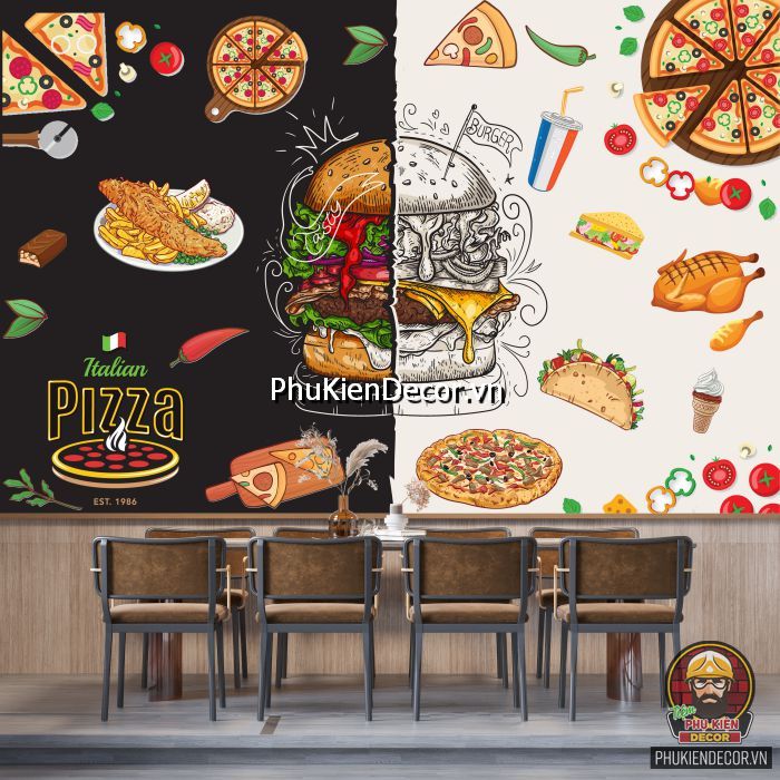 Tranh dán tường món pizza mang phong cách đương đại, tối giản Tranh dán tường món pizza mang phong cách đương đại, tối giản