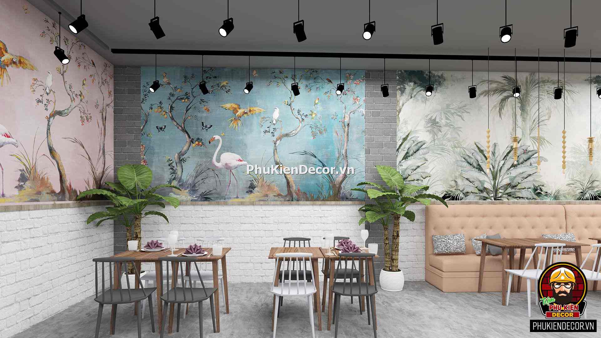 Tranh dán tường Nhà hàng Hoa Lá Nhiệt Đới Bắc Âu Tranh dán tường Nhà hàng Hoa Lá Nhiệt Đới Bắc Âu