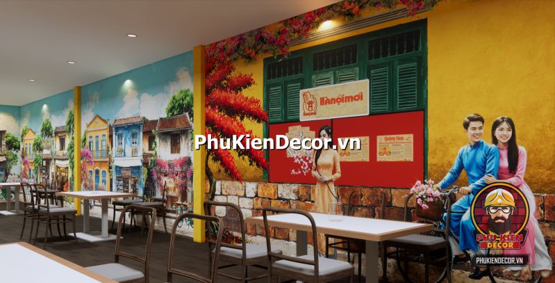 Tranh dán tường phố xá Hà Nội xưa đẹp Tranh đường phố Hà Nội tái hiện khung cảnh gánh hàng rong và quán nhỏ đầu ngõ với bàn ghế thấp và mẹt đựng bún