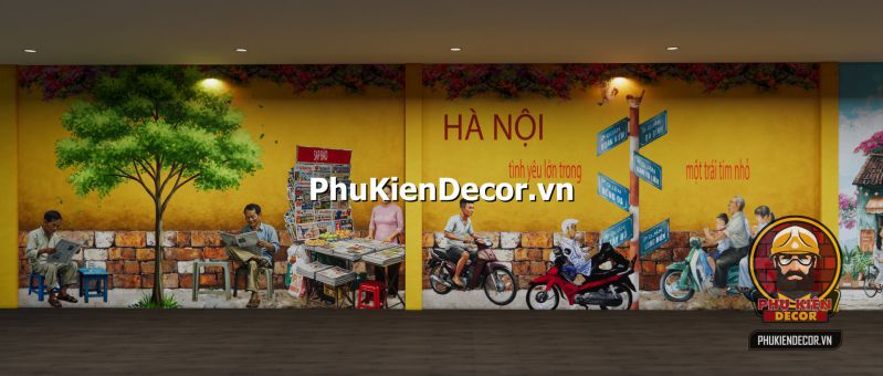 Tranh dán tường phố xá Hà Nội xưa đẹp Tranh đường phố Hà Nội tái hiện khung cảnh gánh hàng rong và quán nhỏ đầu ngõ với bàn ghế thấp và mẹt đựng bún