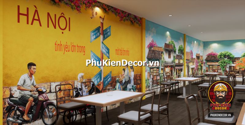 Tranh dán tường phố xá Hà Nội xưa đẹp Tranh đường phố Hà Nội tái hiện khung cảnh gánh hàng rong và quán nhỏ đầu ngõ với bàn ghế thấp và mẹt đựng bún