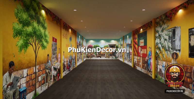 Tranh dán tường phố xá Hà Nội xưa đẹp Tranh đường phố Hà Nội tái hiện khung cảnh gánh hàng rong và quán nhỏ đầu ngõ với bàn ghế thấp và mẹt đựng bún