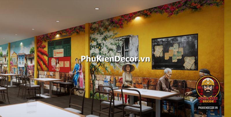 Tranh dán tường phố xá Hà Nội xưa đẹp Tranh đường phố Hà Nội tái hiện khung cảnh gánh hàng rong và quán nhỏ đầu ngõ với bàn ghế thấp và mẹt đựng bún