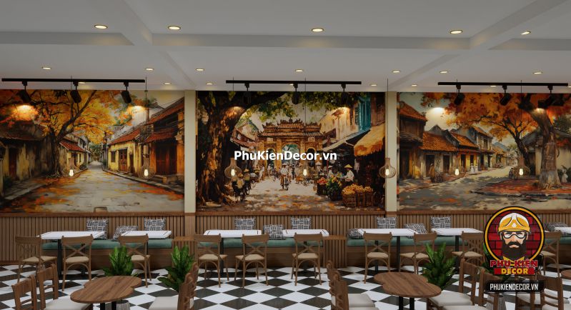 Tranh dán tường phong cách Hà Nội cổ điển Tranh dán tường Phong cách Hà Nội retro vintage, mô phỏng không gian quán cà phê cổ kính với đèn vàng và bàn ghế gỗ.