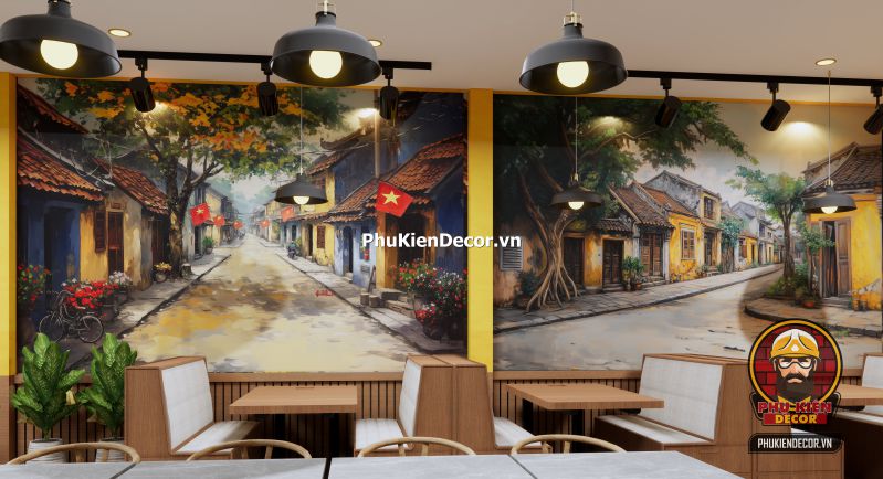 Tranh dán tường phong cách Hà Nội retro Tranh dán tường Phong cách Hà Nội retro vintage, mô phỏng không gian quán cà phê cổ kính với đèn vàng và bàn ghế gỗ.