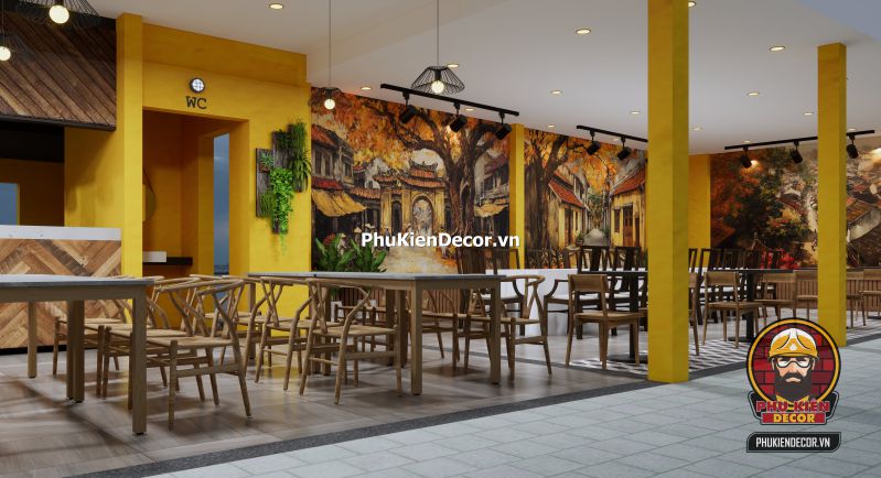 Tranh dán tường phong cách Hà Nội retro Tranh dán tường Phong cách Hà Nội retro vintage, mô phỏng không gian quán cà phê cổ kính với đèn vàng và bàn ghế gỗ.