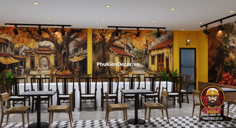 Tranh dán tường phong cách Hà Nội retro Tranh dán tường Phong cách Hà Nội retro vintage, mô phỏng không gian quán cà phê cổ kính với đèn vàng và bàn ghế gỗ.