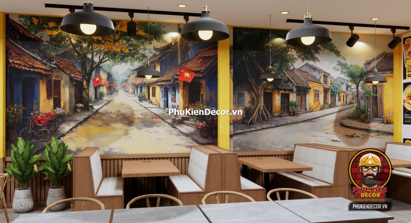 Tranh dán tường phong cách Hà Nội retro Tranh dán tường Phong cách Hà Nội retro vintage, mô phỏng không gian quán cà phê cổ kính với đèn vàng và bàn ghế gỗ.