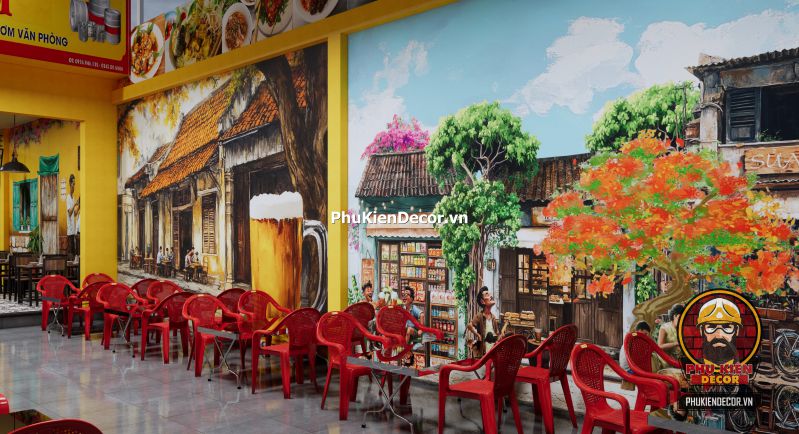 Tranh dán tường phong cách Hà Nội thời bao cấp Tranh Quán Bia Hơi Hà Nội gắn trên nền tường gạch giả cổ, thể hiện cảnh bàn nhậu thời bao cấp với chai bia và ly thủy tinh.