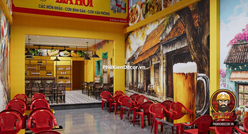 Tranh dán tường phong cách Hà Nội thời bao cấp Tranh Quán Bia Hơi Hà Nội gắn trên nền tường gạch giả cổ, thể hiện cảnh bàn nhậu thời bao cấp với chai bia và ly thủy tinh.