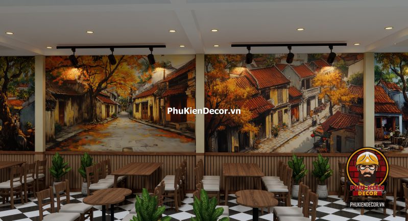 Tranh dán tường phong cách Hà Nội xưa Tranh 3D Phố Cổ Hà Nội in UV khổ nhỏ, bố trí phù hợp cho quán nhỏ hoặc góc tường phụ, mang lại cảm giác gần gũi và sâu lắng.