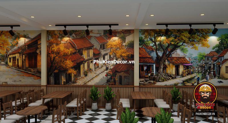Tranh dán tường phong cách Hà Nội xưa Tranh 3D Phố Cổ Hà Nội in UV khổ nhỏ, bố trí phù hợp cho quán nhỏ hoặc góc tường phụ, mang lại cảm giác gần gũi và sâu lắng.