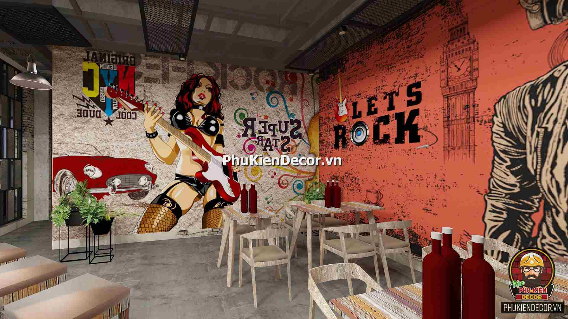 Tranh dán tường 3D nhạc Rock phong cách mạnh mẽ và đầy cá tính Tranh dán tường 3D nhạc Rock phong cách mạnh mẽ và đầy cá tính