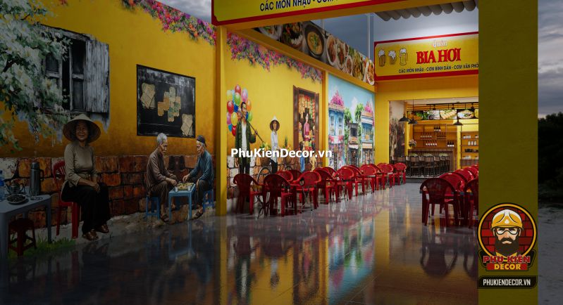 Tranh dán tường quán ốc phong cách Hà Nội Tranh dán tường Phố Cổ Hà Nội Xưa khổ lớn, tái hiện con phố nhỏ với mái ngói đỏ và xe đạp cổ, thích hợp cho quán ăn phong cách Bắc.