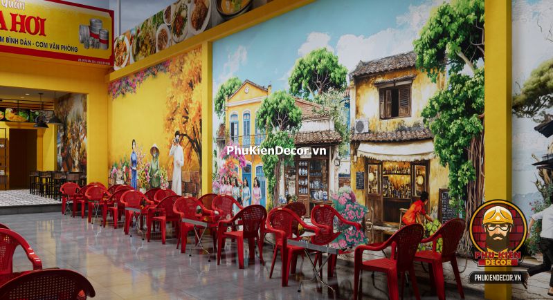 Tranh dán tường quán nhậu phong cách Hà Nội Tranh dán tường Phố Cổ Hà Nội Xưa khổ lớn, tái hiện con phố nhỏ với mái ngói đỏ và xe đạp cổ, thích hợp cho quán ăn phong cách Bắc.