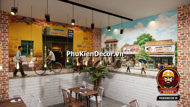 Tranh dán tường 3D ký ức Sài Gòn Tranh dán tường 3D phong cách ký ức Sài Gòn cũ cho quán cafe và nhà hàng.