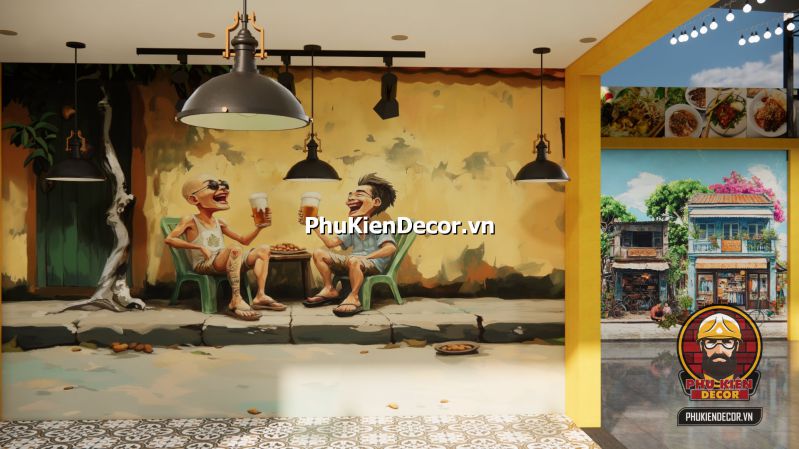 Thiết kế tranh dán tường quán bia hơi Hà Nội Tranh Quán Bia Hơi Hà Nội gắn trên nền tường gạch giả cổ, thể hiện cảnh bàn nhậu thời bao cấp với chai bia và ly thủy tinh.