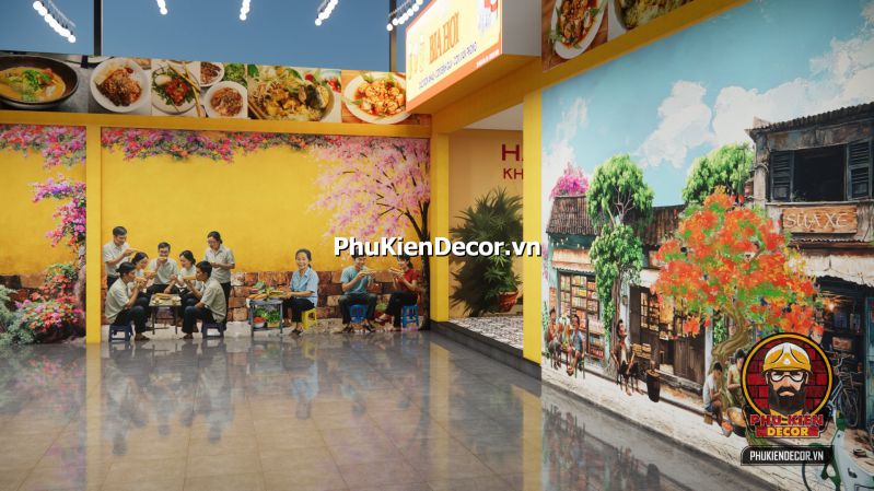 Thiết kế tranh dán tường quán bia hơi Hà Nội Tranh Quán Bia Hơi Hà Nội gắn trên nền tường gạch giả cổ, thể hiện cảnh bàn nhậu thời bao cấp với chai bia và ly thủy tinh.